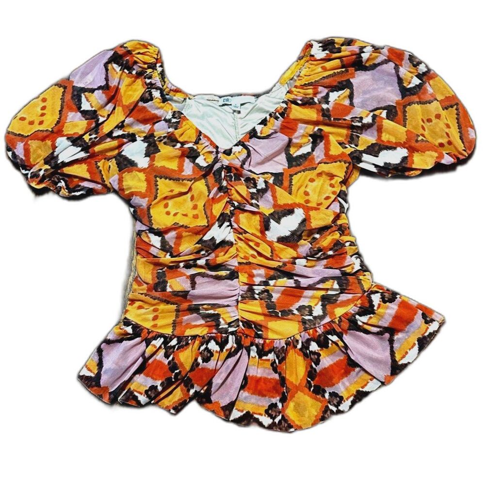 DR2 Small Multi Color Abstract Ruched V-Neck Short Sleeve Blouse Top